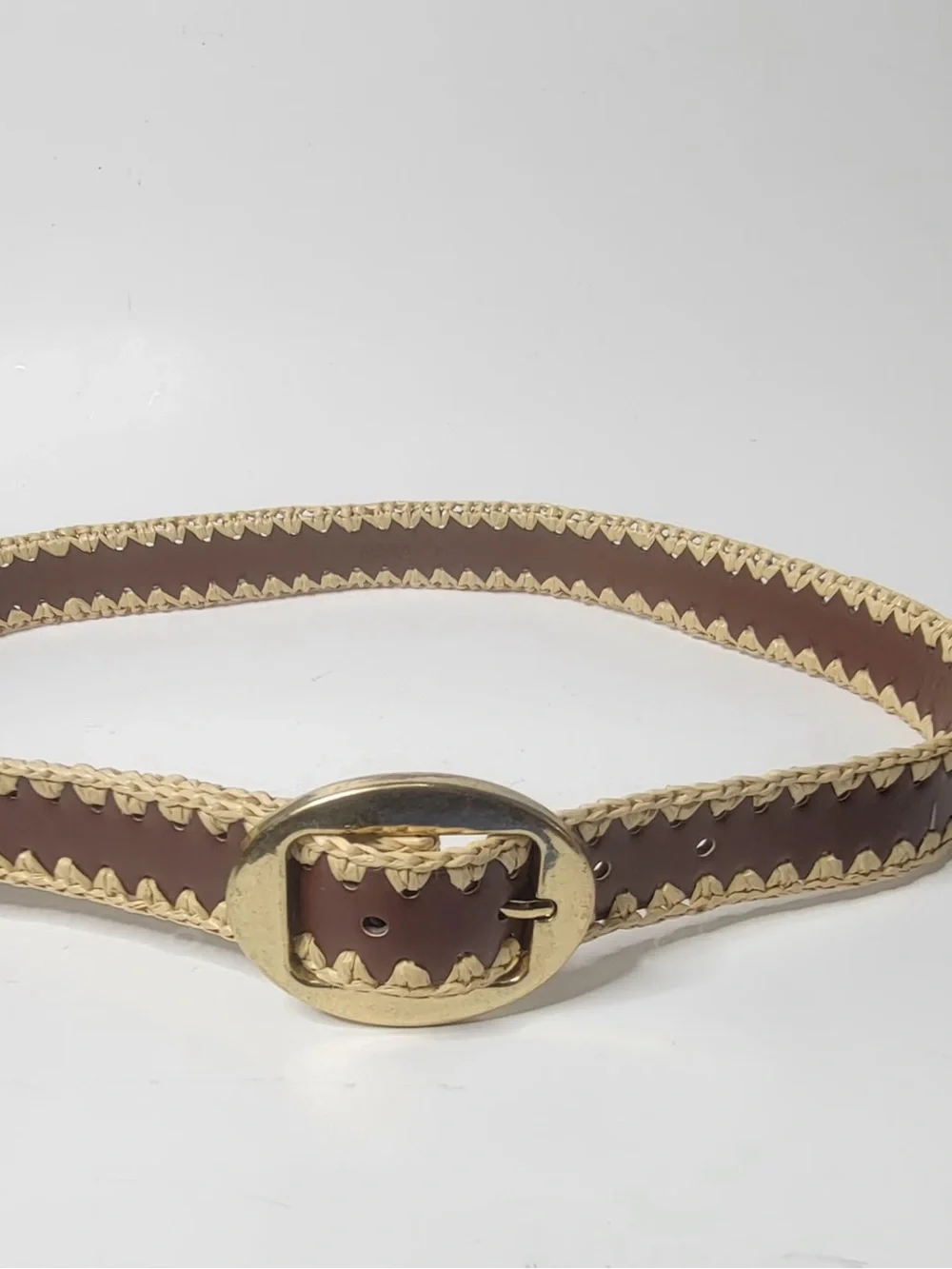 Mango handwoven edge brown leather belt whit gold buckle size S